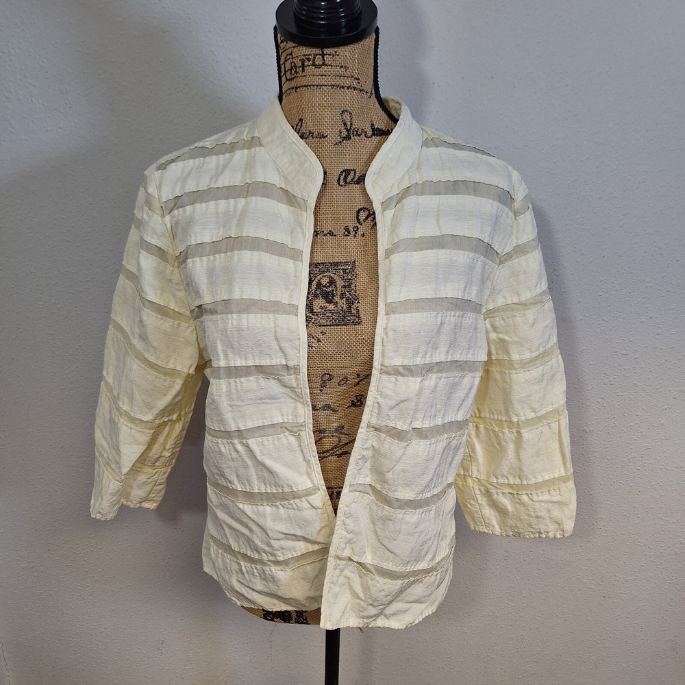 Chico's Size 2 Open Front Cardigan 3/4 Sleeve Cotton Linen Horizontal Stripe